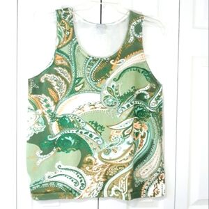Chico's Paisley Green Sleeveless Top Knit Cotton Blend Size 3 (XL)